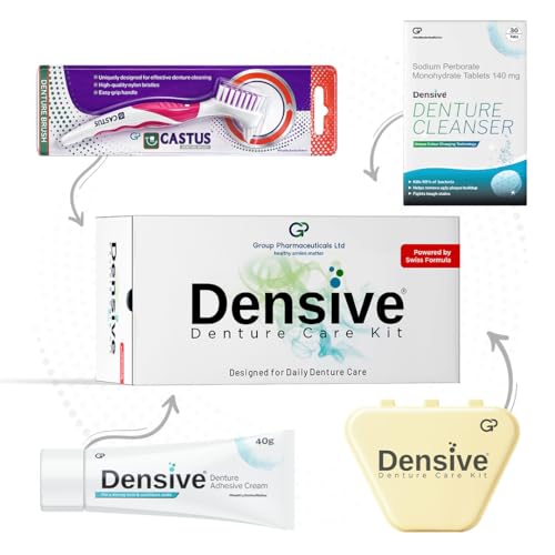 Densive Complete Denture Care Kit | All-in-One Professional Cleaning & Maintenance Set – Includes Denture Brush, 30 Cleansing Tablets, Ultra-Hold Adhesive Cream, and Bonus Travel Storage Case