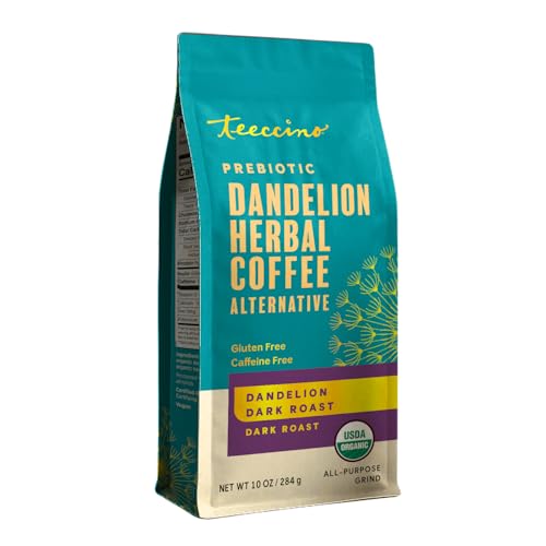 Teeccino Dandelion Dark Roast Herbal Coffee - 10 oz - Caffeine-Free Coffee Alternative with Prebiotics, Gluten Free, Acid Free, Organic