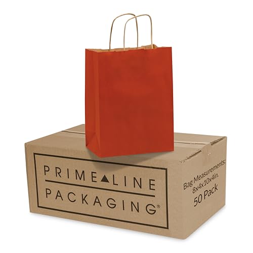 Prime Line Packaging Red Gift Bags Kraft Paper Bags Small with Handles Shopping Tote Bags for Gift Cards Party Favors Retail Shopping Merchandise Events Bulk 8x4x10 100 Pack