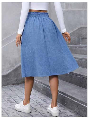 Verdusa Women's Button Paperbag Drawstring Waist Skirts A Line Flowy Denim Midi Skirt with Pocket2