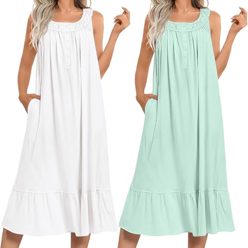 Ekouaer 2 Pack Nightgowns for Women Sleeveless Long Night Gowns Victorian Nightdress with Pockets Soft Ladies Gown