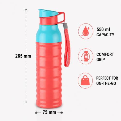 Image of CELLO Puro Steel-X Delta 600 PU Insulated Water Bottle for Office 550 ml Pink | Wide Mouth Easy to Carry with Strap Leak Proof Flip Top Lid Inner Steel Water Bottle for School Kids, College & Travel