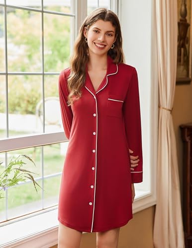 Image of Ekouaer Nightgowns for Women Long Sleeve Night Gown Button Pajama Dress