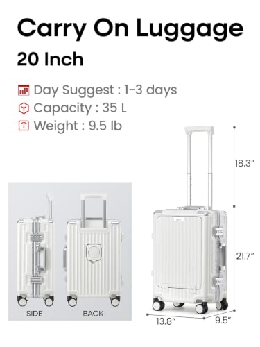 Image of 20 Inch Carry on Luggage with Spinner Wheels,Aluminum Frame Zipperless Checked Travel suitcase for Shout Business Women Men (White, 20in carry-on Aluminum Frame)