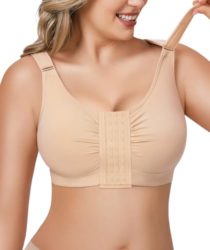 BRABIC Post Surgery Front Closure Bras for Women Full Coverage Compression Mastectomy Wireless Bra with Adjustable Straps, Beige, Large