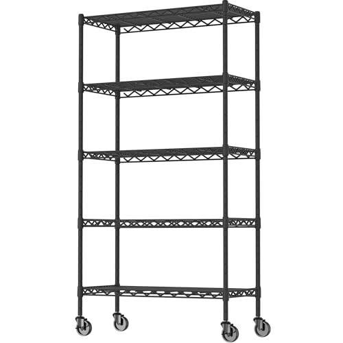 Soywey 5-Shelf Adjustable Heavy Duty Storage Shelving Unit on 4 Wheel Casters, Metal Organizer Wire Rack for Laundry Bathroom Kitchen Pantry Closet, Black