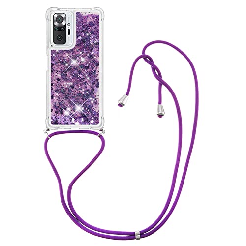 Nadoli Coque avec Cordon de Collier pour Xiaomi Redmi Note 10 Pro,Transparente Paillettes Liquide Silicone TPU Dragonne Bandoulière Coque Étui Housse avec Cordon Réglable Cover