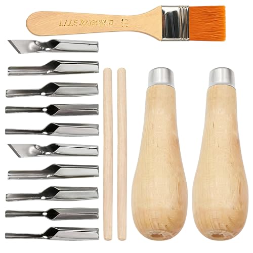 2 Sets Carving and Printing Kit Linoleum Block Printing Tools Cutter Tools for Block Print Wood Carving Sculpture and Handicrafts with Replaceable Tips Cleaning Brushes