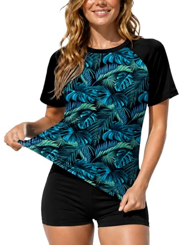 Image of AOBUTE Women Short Sleeve Rash Guard UPF 50+ Tropical Sun Protection Floral Swim Shirts