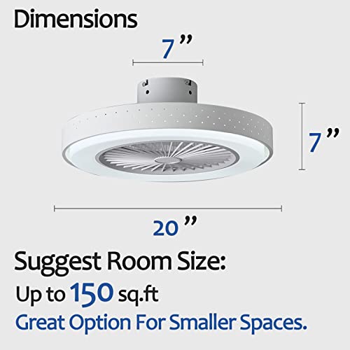 Modern Ceiling Fan With Light Low Profile 20”, Bladeless Ceiling Fan With Light And Remote Control Flush Mount Ceiling Fan Light 3 Colors 3 Speeds Timer For Bedroom Kids Room Living Room White #TOP5