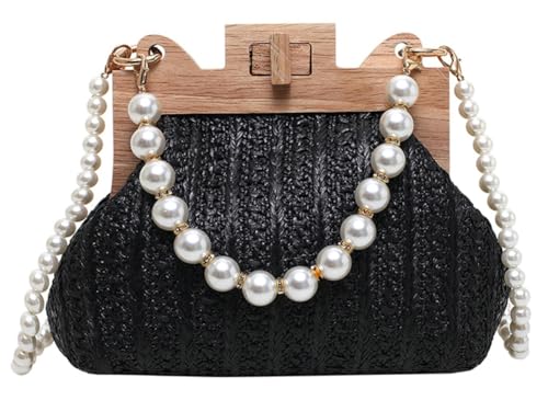 Women’s Straw Shoulder Bag Woven Beach Top Handle Handbag Purse Stylish Pearl Crossbody Bag for Summer Travel
