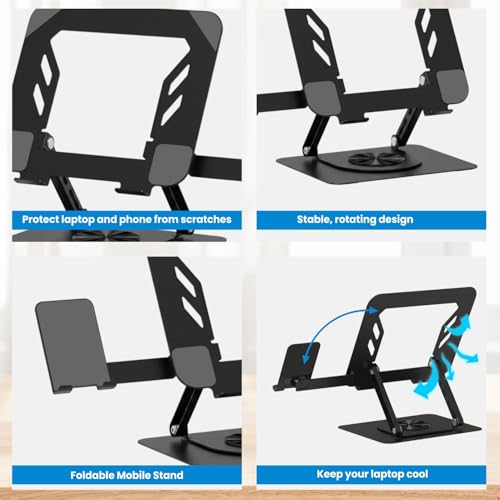 Image of Dyazo 2-in-1 Adjustable Laptop & Mobile Stand with 360 Rotating Base | Foldable Riser with Ventilation Design for Laptop Upto 15.6 Inch | Compatible for MacBook, HP, Dell, Acer, Lenovo & More (Black)
