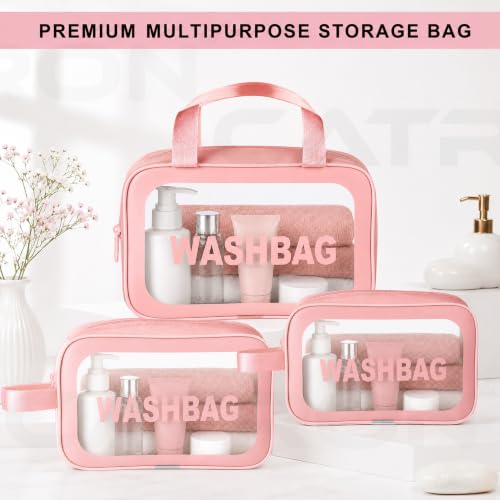 Image of CATRON Makeup PVC Water-Resistant Cosmetic Bag Set 3 Wash Bag Pouch for Multifunctional Travel Kit Toiletry Bag Portable Organizer Case Carry Pouch for Women Bathroom Set (Pink)