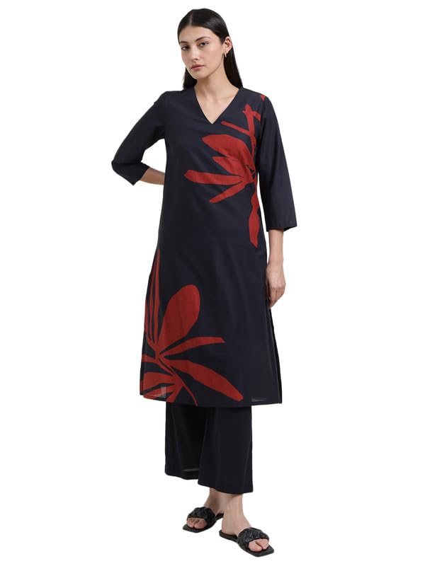 pink fort Cotton Floral A-Line Kurta Set - Black & Red-picture-19