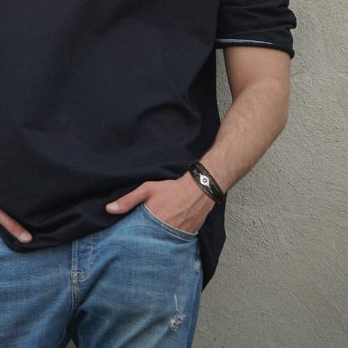 HZMAN 8.5Inch The Evil Eye Bracelet with Rhinestones Embedded In Genuine Leather for Men Black Leather Bracelet2