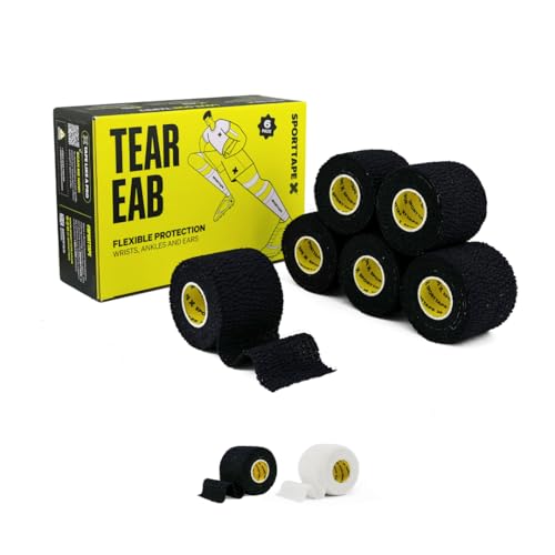 6 Rollos SPORTTAPE Cinta EAB Negra 5 cm x 4,5 m – Venda Elástica Adhesiva Rasgable para Rugby, Fútbol y Pesas – Soporte para Muñeca, Tobillo, Pulgar y Oreja – Tape Deportivo Profesional