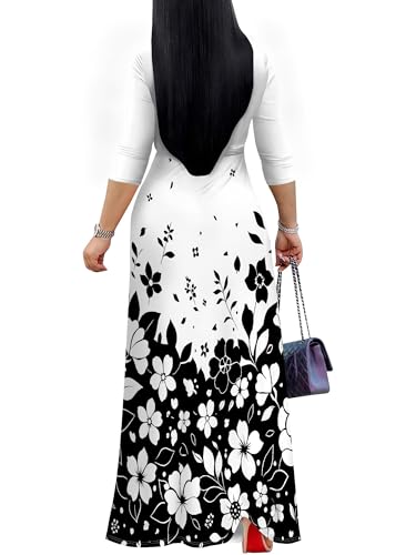 Image of Plus Size Dresses for Women Floral Print Maxi Dress Flowy 3 /4 Sleeve with Belt