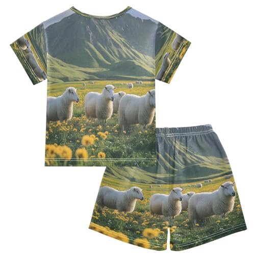 ALAZA Sheep Field Flower Blossom Mountain Pajamas Set Short Sleeve Cotton Sleepwear Summer Pjs 2 Piece 5-14Y2