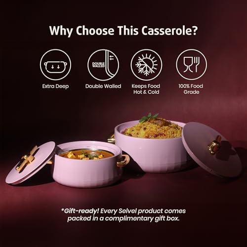 Image of SELVEL Elegance Casserole | Advanced PU Insulation | Elegant Design Hot Pot | Hot Case Keeps Food Hot & Fresh for Hours | Serve Chapati, roti, Biryani and More (Royal Purple, Set Of 2 (1200 Ml & 700 Ml))