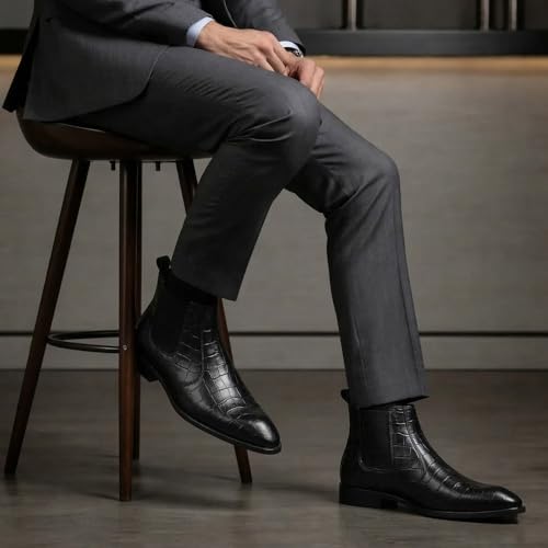Image of Hayes London Chelsea Boots for Man | Crust Leather Black Ankle Boots | Cuban Heel Pointed Toe Stylish Formal & Casual Boots for Men | Slip-On Elastic Side Panel