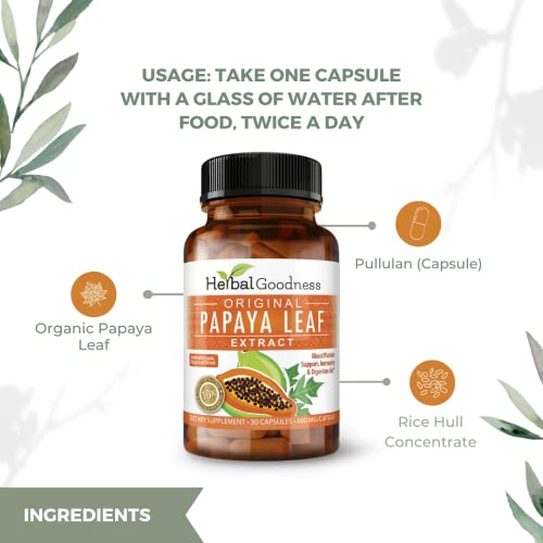 Papaya Leaf Extract Digestive Enzymes - 10X Strength 30/600Mg Veg Capsules- Blood Platelet, Bone Marrow & Spleen Support, Immune Gut & Super Digestive Health - Made In Usa By Herbal Goodness #TOP6