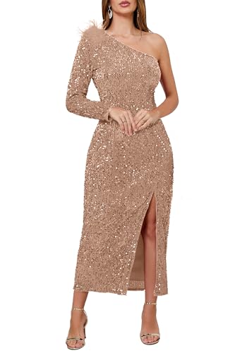 Robe de cocktail asymétrique femme à paillettes brillantes et col oblique chic