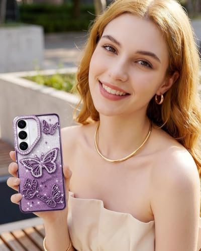 Image of Elzzi Electroplated Butterfly Phone Cover for Samsung S26 Case, Showcasing Pearlescent Diamond Soft TPU, Camera Protection, Shockproof, Dropresistant Stylish for Girls & Women (Deep Purple)