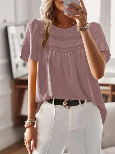 Poetsky Summer Short Sleeve for Women Babydoll Boho Flowy Dressy Casual Chiffon Swiss Dot Tops, Pink, S — view 4