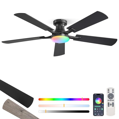 Image of ZMISHIBO 52 Inch RGB Ceiling Fan with Light, App&Remote Control, Flush Mount Low Profile, Dimmable 20W LED Light, Quiet Reversible Motor for Bedroom, Living Room, Apartment, Black