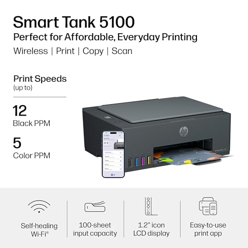 Image of HP Smart Tank 5100 Wireless All-in-One Refillable Printer, Scanner, Copier with up to 3 Years of Ink Included, Best-for-Home, Cartridge-Free, AI-Capable (D06BLA)
