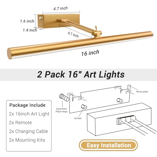 Image of Mocalido 2 Pack Picture Light Battery Operated for Wall, 16in Wireless LED Art Light for Painting with Remote, 5200mAh Dimmable Frame Lights for Gallery Library, Brass