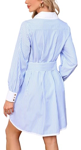 Image of YEXPINE Womens Striped Shirt Dress Long Sleeve Button Down V Neck Mini Tunic Dress Belted Workwear Dresses with Pockets