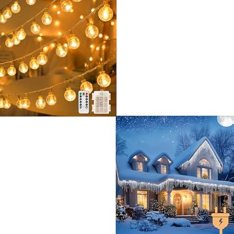 XZAI 800LED 50FT, Fairy Icicle String Lights, Plug-in, Cool White, Christmas Decors,Remote; Globe String Lights, Crystal Globe Fairy String Lights Battery Operated with 33 Foot 100LED Cover