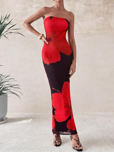 Image of PRETTYGARDEN Women Summer Strapless Maxi Dress Bodycon Floral Sexy Long Wedding Guest Dress Formal Tube Mesh Cocktail Dresses