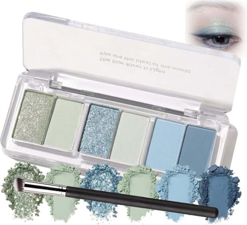 Blue Ocean Eyeshadow Palette 6 Color Eye Shadow with Brush Blendable Long Lasting Multi Finish Shades Compact Travel Friendly Design Glitter Matte Shimmer Makeup Palette (Blue Ocean)