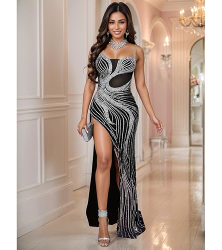 Image of Jigfar Women Sexy Elegant Rhinestone Mesh See Through Party Club Night Split Bodycon Formal Maxi Dress