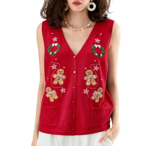 Image of KMBANGI Women Christmas Button Sweater Vest Embroidery Sleeveless Cardigan