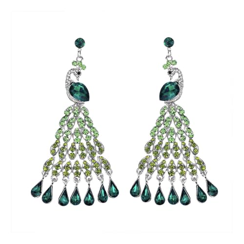 Élégantes boucles d'oreilles en forme de paon pour femmes et filles, vert, avec strass CZ, cristal, goutte, simple, avec pompon, clou d'oreille en cartilage,...