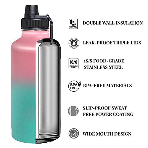 Vacuum Insulated Water Bottle With Straw, Paracord Handle & 3 Lids, Carrying Pouch Bpa Free Double Wall Stainless Steel Wide Mouth Water Jug, Leakproof Keep & Cold Hot Sports Flask (32Oz Pink/Blue) #TOP2