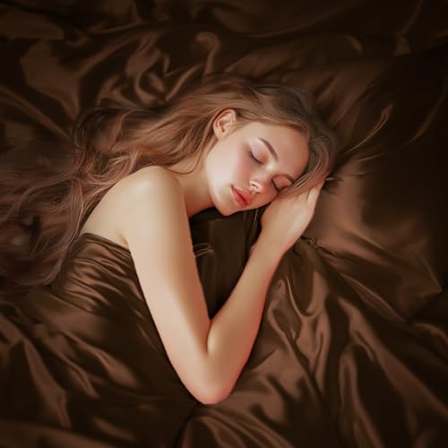 Love's cabin Satin King Sheet Sets - 4 Piece Brown Silky Sheets King Size Bed with Deep Pocket, Luxury Silk Feel King Size Satin Sheet Set (1 Flat Sheet,1 Fitted Sheet,2 Pillow Cases)