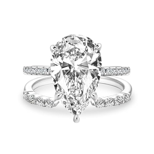 5CT Pear Cut Engagement Ring Set for Women, 925 Sterling Silver Open Band 5A Cubic Zirconia Wedding Bridal Ring Set