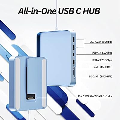 USB C Hub for iMac 24 inch 2021/2023/2024, Minisopuru i-Mac Hub Support M.2 NVMe SSD, i Mac Accessories for iMac M1/M3/M4, Docking Station with USB A/C 10Gbps, SD/TF, M.2 SSD (Not Included), Blue.