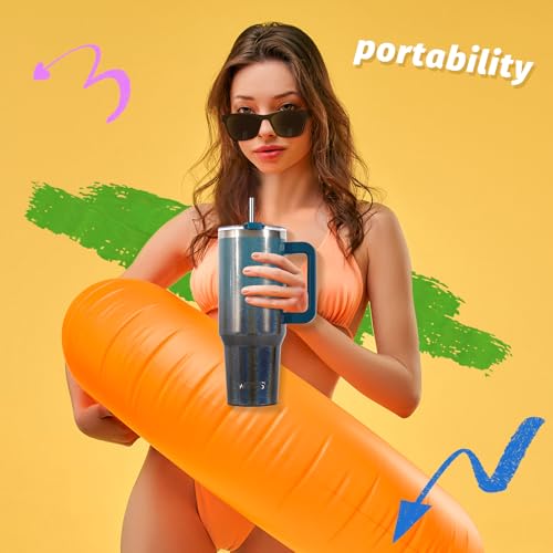 Image of 30 oz Shiny Tumbler with Handle and Straw,Stainless Steel Tumbler with Lid and Straw,Insulated Travel Mug(Cold for 34 Hours),Water Bottle for Iced Tea,Coffee (Black Blue)
