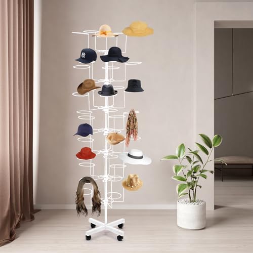 KONKENIE 7 Tier Metal Hat Cap Display Stand 35 Hats Hanger Rack Cowboy Baseball Hat Rotating Organizer Shelf Adjustable Freestanding Hat Storage for Home Supermarkets Store,64.96in Height (White) - Thumbnail 3