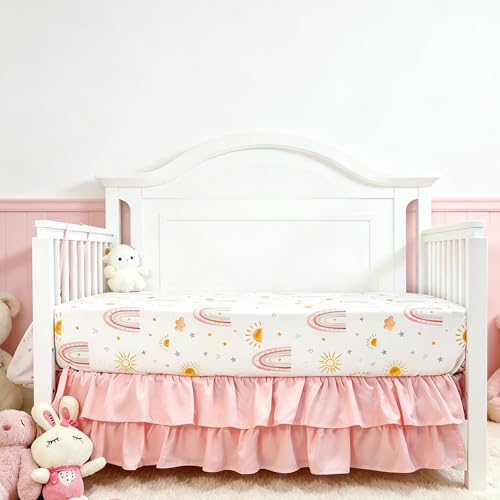 Image of CARULLI Crib Bedding Set for Girls, 4-Piece Pink Rainbow Baby Crib Bedding Set, Soft & Cozy Crib Sets Includes Comforter, Fitted Crib Sheet, Crib Skirt, and Diaper Stacker