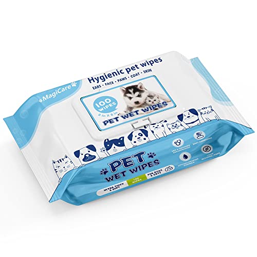 Image of MAGICARE Pet Wipes - 100 pcs Dog Wipes - 8x8 Inch Unscented Dog Paw Cleaner Wipes for Body, Ears, Face, and Skin - Ultra Thick and Soft with Hypoallergenic Formula - Ideal Pet Wipes for Dogs & Cats