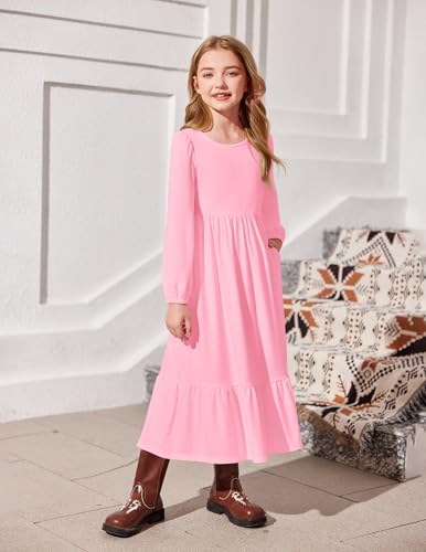 Image of Arshiner Girls Maxi Dresses Lantern Long Sleeve Casual Holiday Dress with Pockets for 5-14 Y