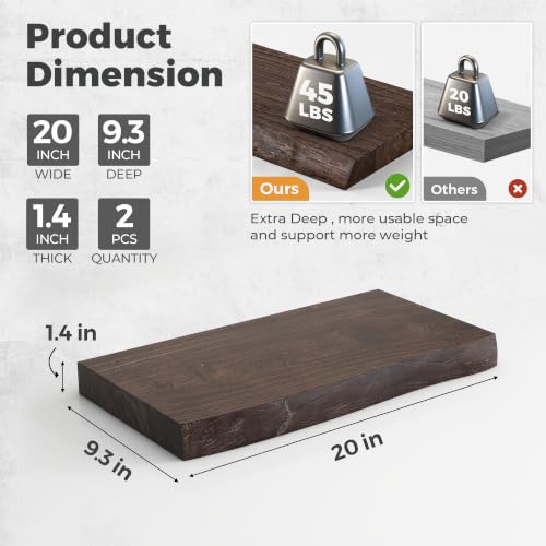 Image of RICHFOCUS Live Edge Elm Floating Shelves - 20 inch W x 9.3 inch D Rustic Solid Wood Wall Shelves with Invisible Bracket, Wall-Mounted for Living Room, Bedroom, Kitchen Storage & Display, Set of 2, Walnut