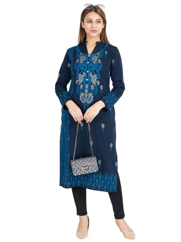 Image of Rosary Women's Winter Wear Jacquard Woolen Straight Kurti with 2 Side Pockets