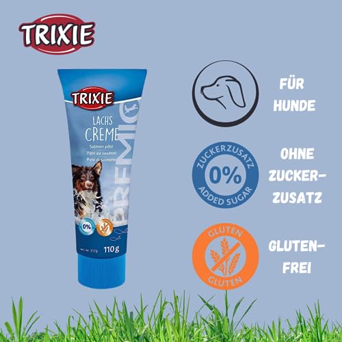 TRIXIE Hundeleckerli PREMIO Hunde-Lachscreme 110g - Premium Leckerlis für Hunde glutenfrei - ohne Getreide & Zucker, schmackhafte Belohnung für Training & Zuhause - 3178-1